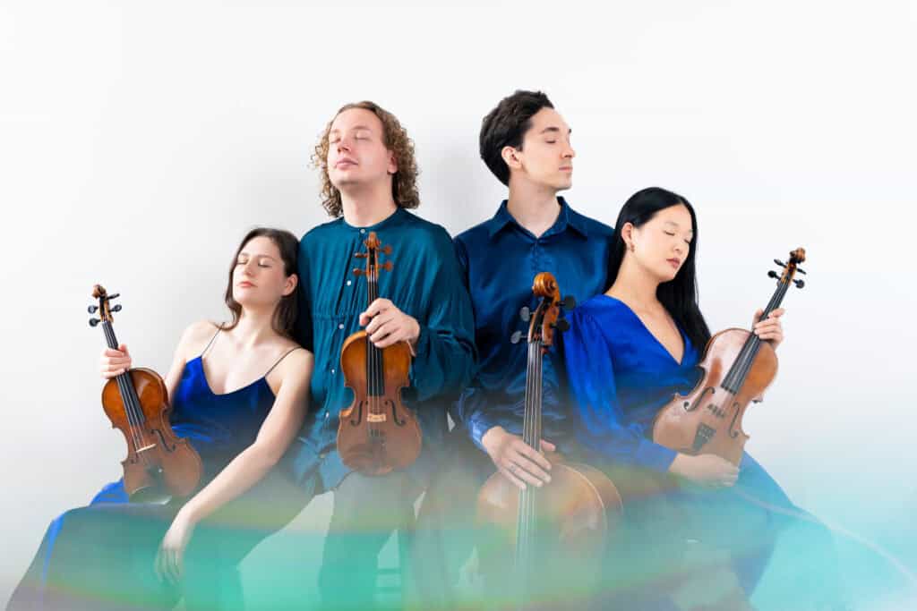 Das Motus Quartett mit Tim de Vries und Karla Križ (Violine), Erin Pitts (Viola) und Domonkos Hartmann (Violoncello) – zu Gast bei Elysium Concerts im Schloss Nymphenburg München