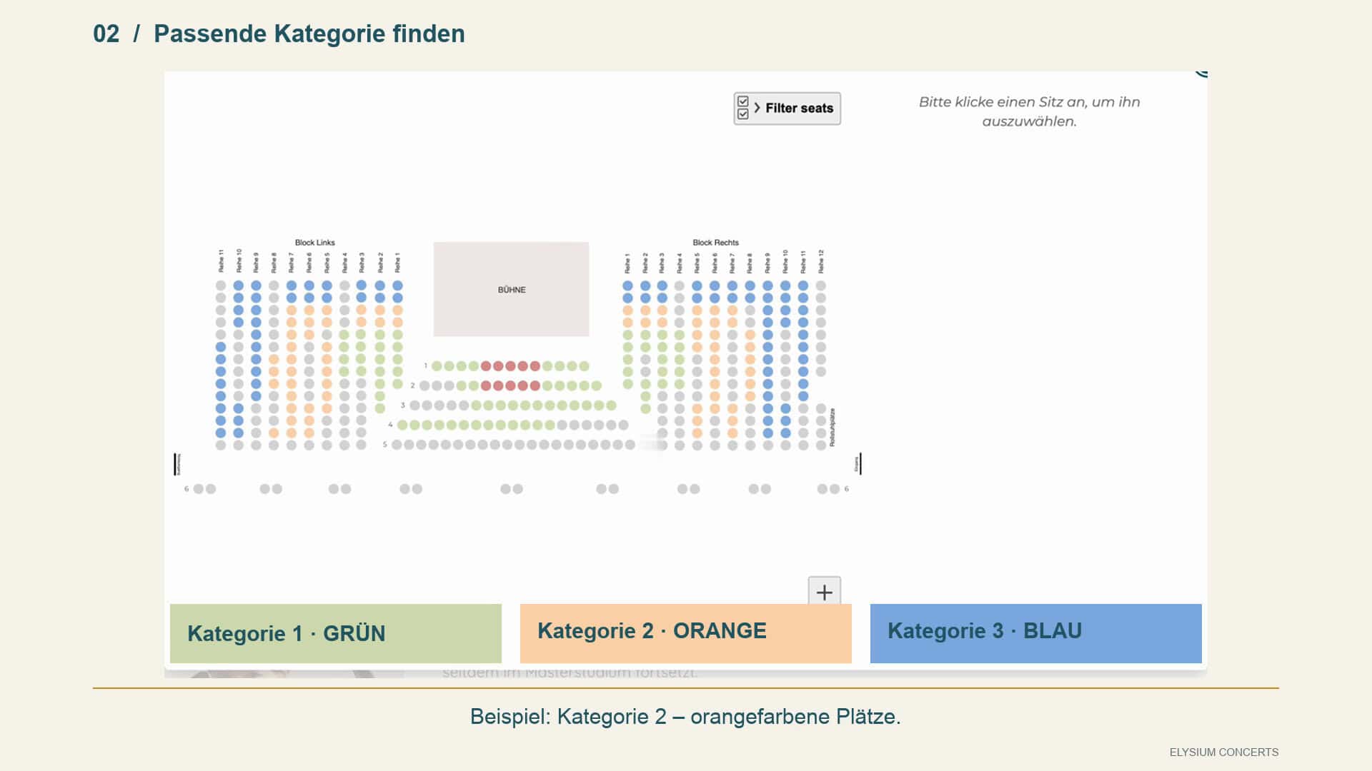 Saalplan mit grünen Plätzen für Kategorie 1, orangefarbenen Plätzen für Kategorie 2 und blauen Plätzen für Kategorie 3.